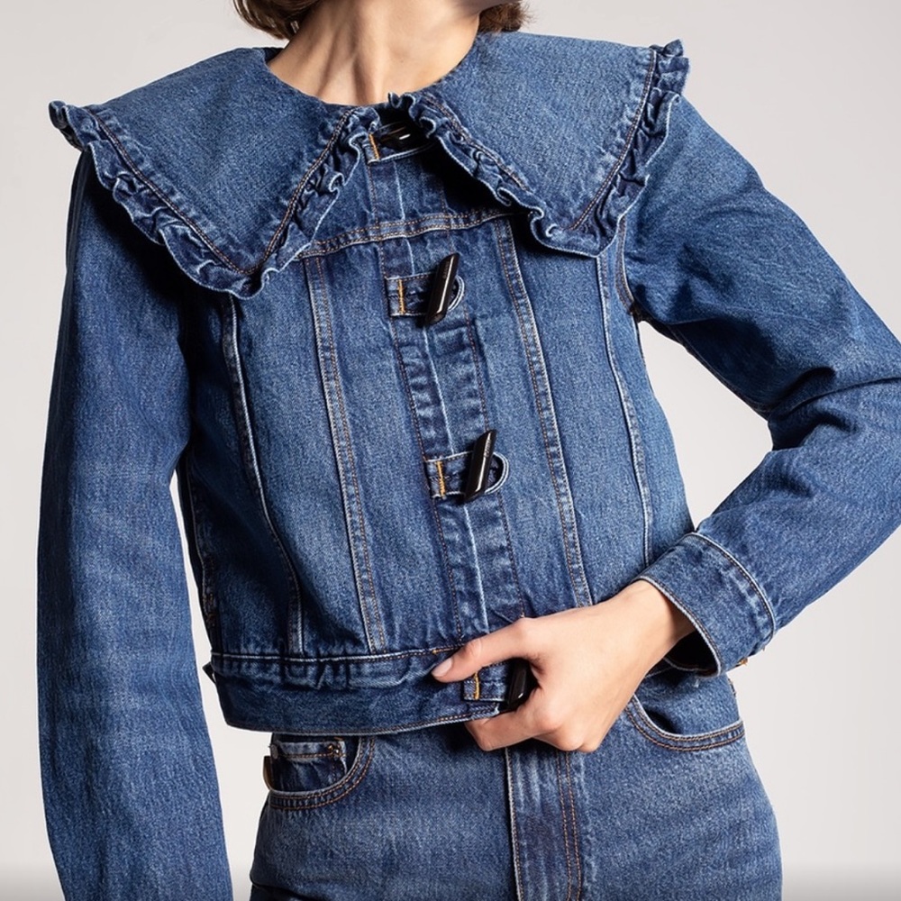 GANNI Ruffled Organic Dark Denim Jacket